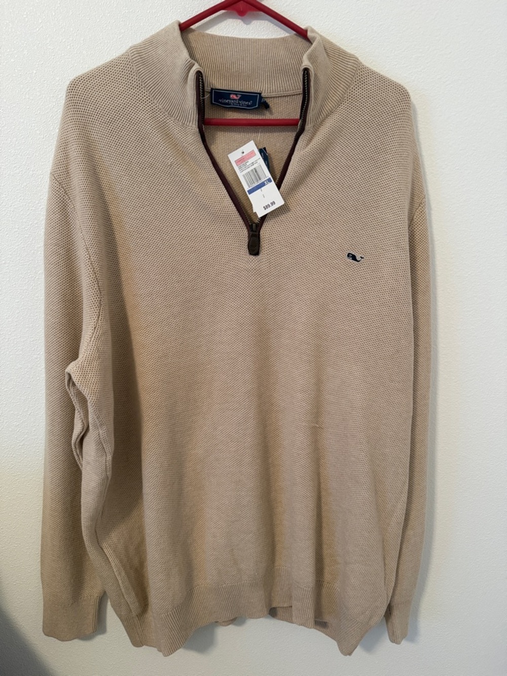 Vineyard Vines Men’s Zip-Neck Sweater in Khaki with Navy Logo